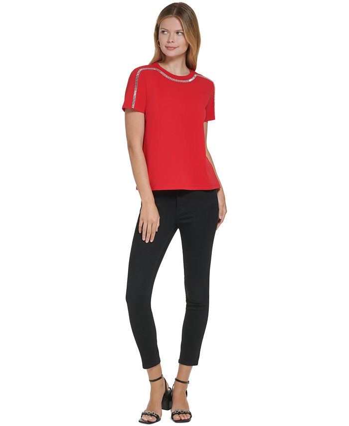 Calvin Klein Women's Short Sleeve Rhinestone Trim Top & Reviews Tops