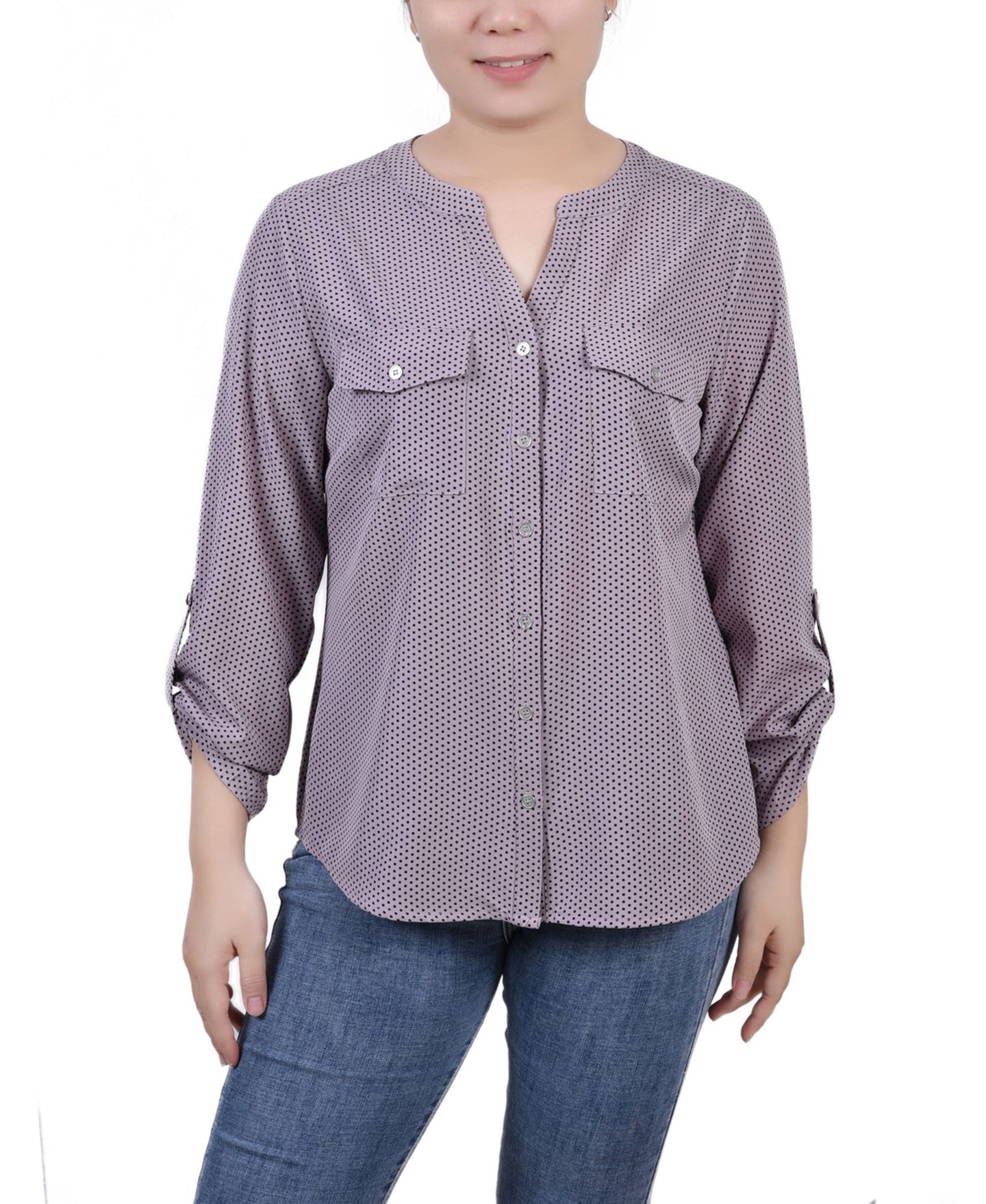 Женская блузка NY Collection Petite 3/4 Sleeve Roll Tab Y Neck, цвет: Морской туманный чёрный — фото 1
