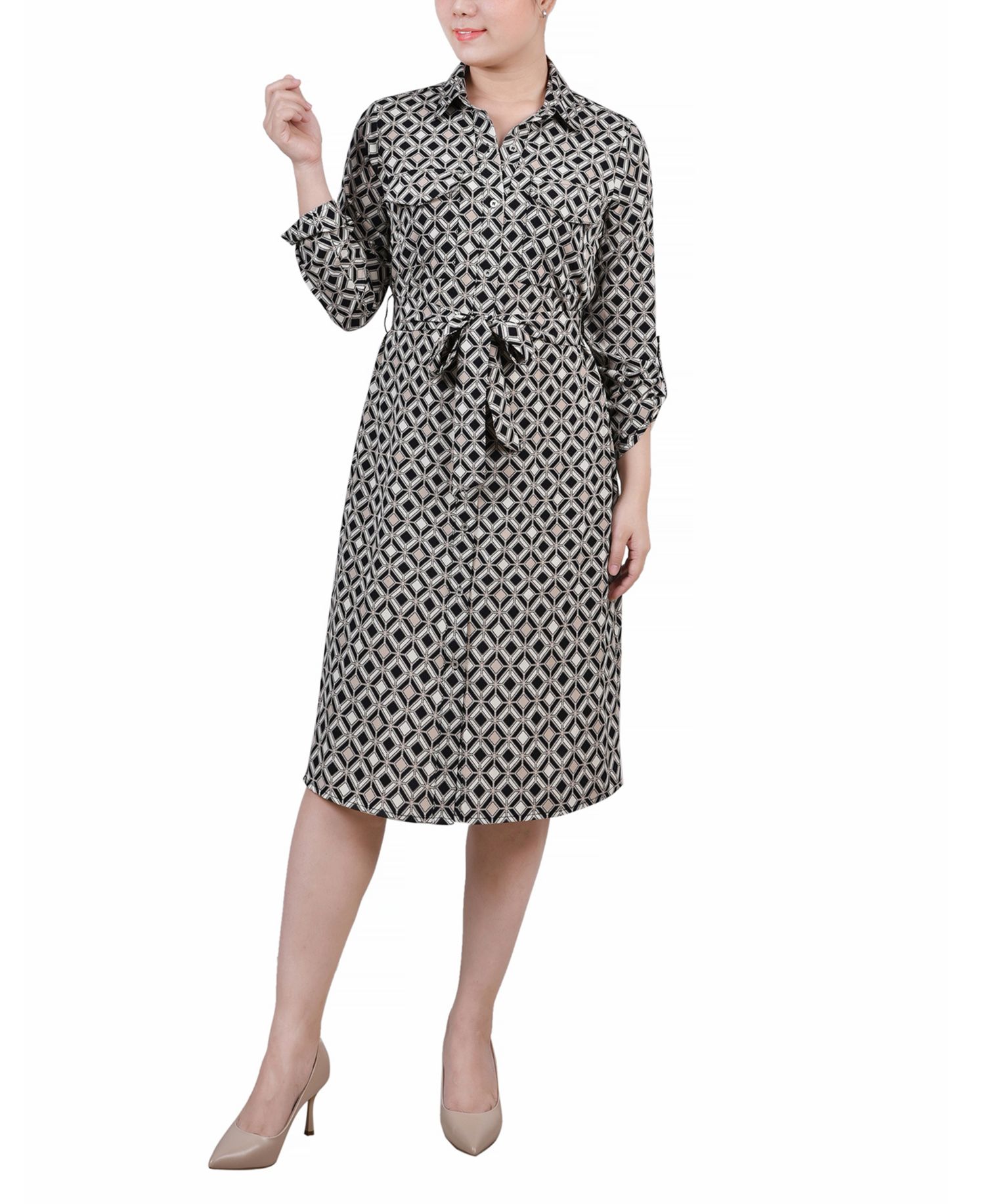 Petite Geometric Printed Long Sleeve Roll Tab Shirtdress