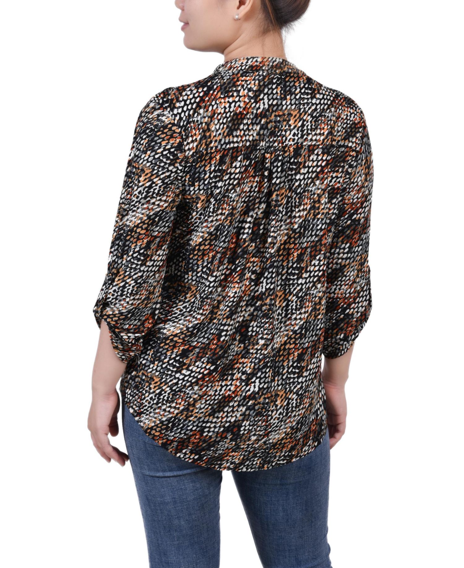 Petite 3/4 Roll Tab Sleeve Printed Pintuck Top