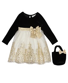 Toddler Girls Gold Trim Mesh Skirt Dress with Velvet Purse