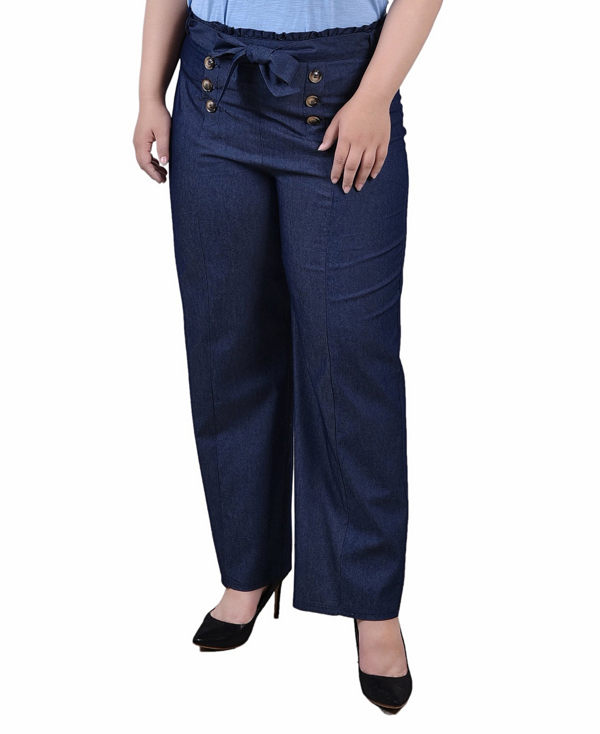 Ny Collection Plus Size Full Length Pull On Sailor Pants In Dark Denim