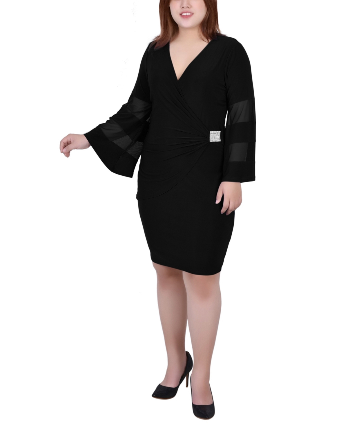 NY COLLECTION PLUS SIZE SHEER-SLEEVE WRAP DRESS