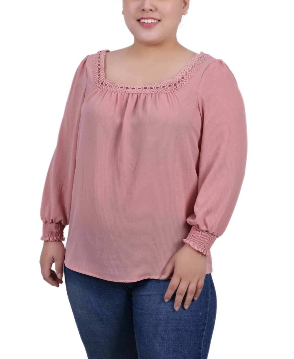 Ny Collection Plus Size Long Sleeve Square Neck Blouse In Mellow Rose
