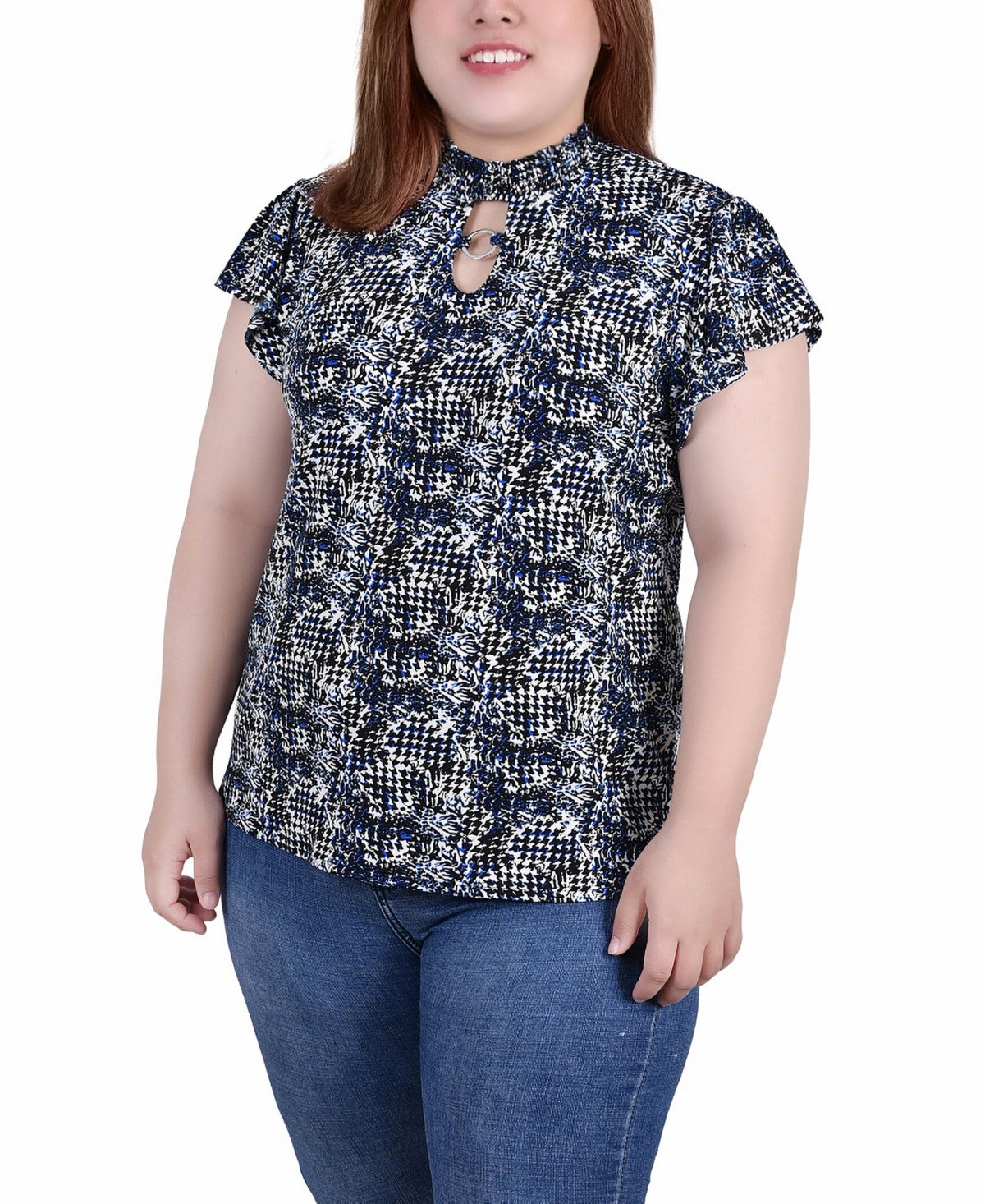 Ny Collection Plus Size Short Flutter Sleeve Mock Neck Top In Snake Navy