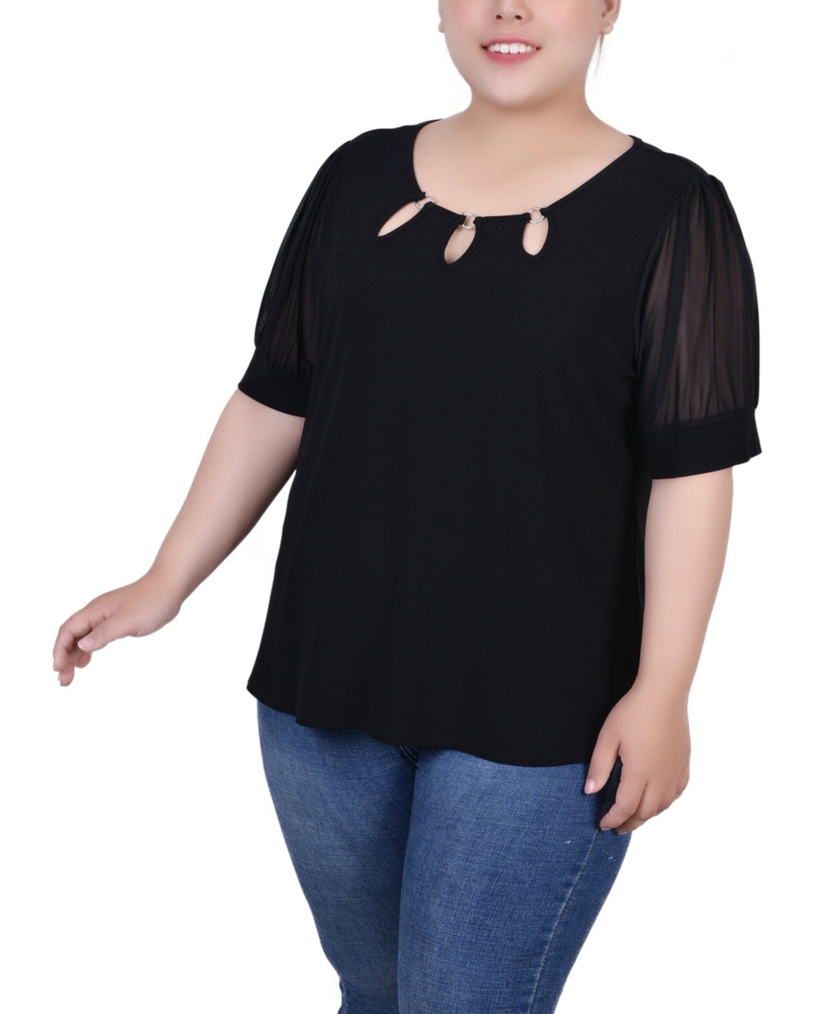 Ny Collection Plus Size Short Sleeve Three-ring Top In Black