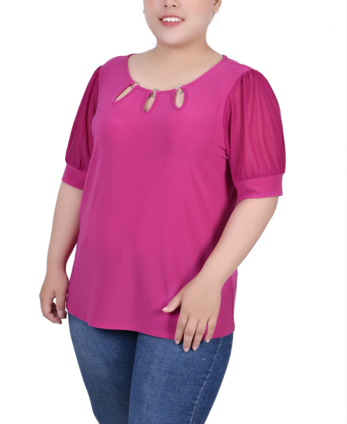 Ny Collection Plus Size Short Sleeve Three-ring Top In Festival Fuchsia