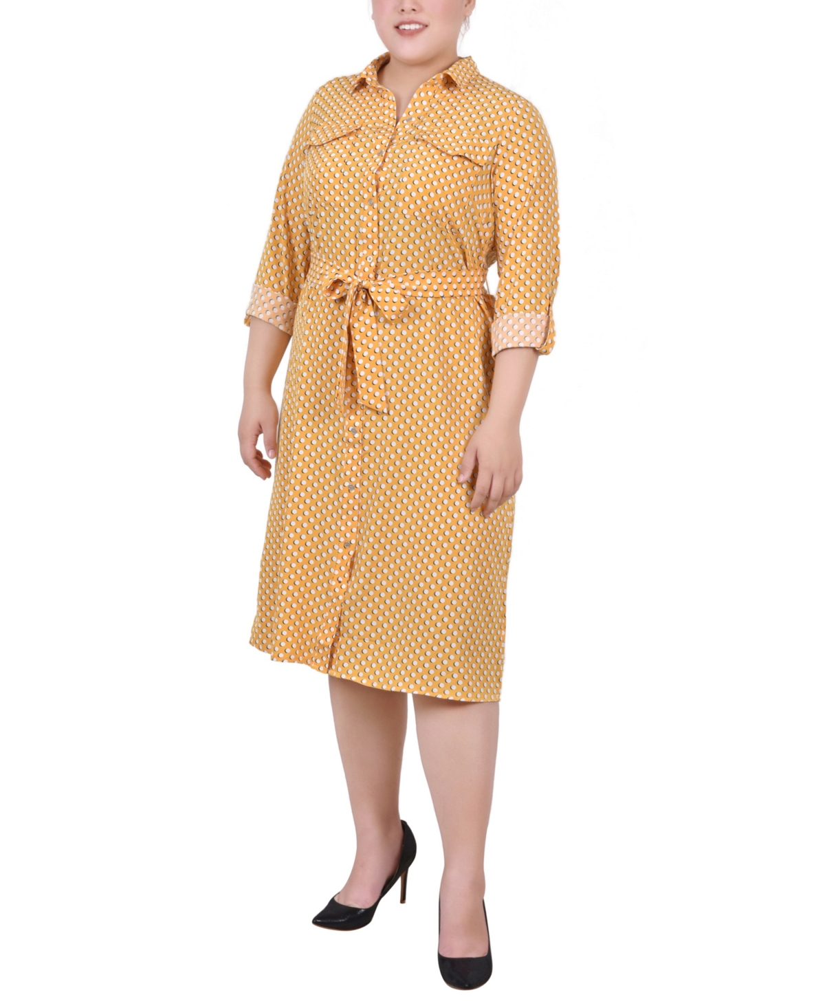 Shop Ny Collection Plus Size Printed Shirt Dress In Gold-tone Bidotshade