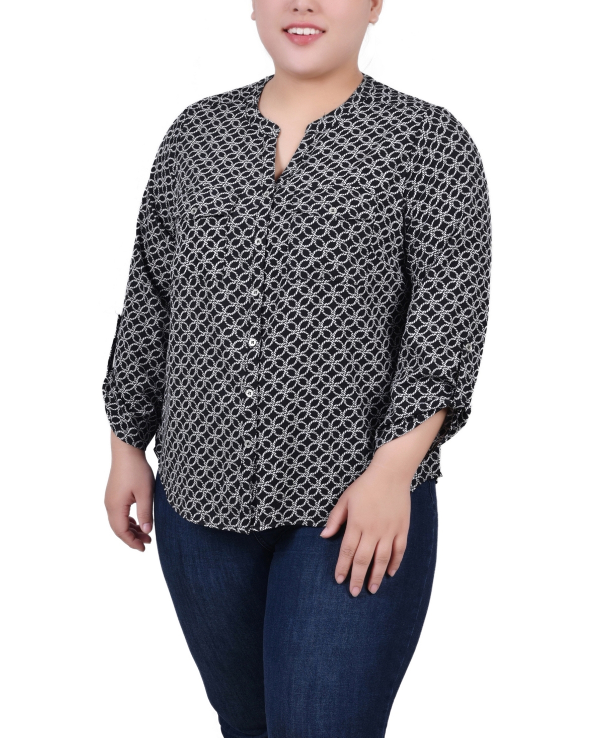 Shop Ny Collection Plus Size 3/4 Sleeve Roll Tab Y Neck Blouse In Black White Rope Iconic