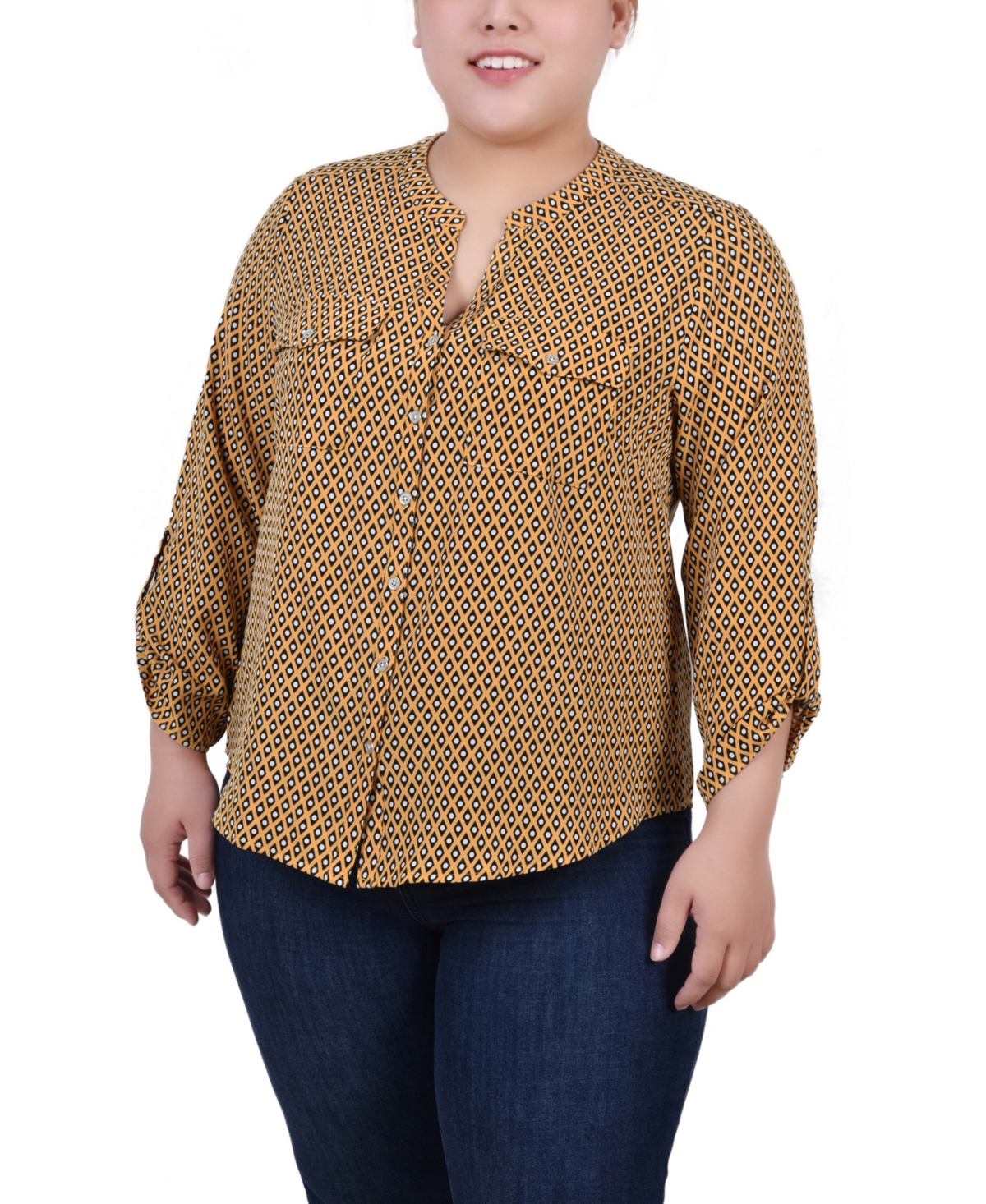 Shop Ny Collection Plus Size 3/4 Sleeve Roll Tab Y Neck Blouse In Golden-tone Black Lil Elle