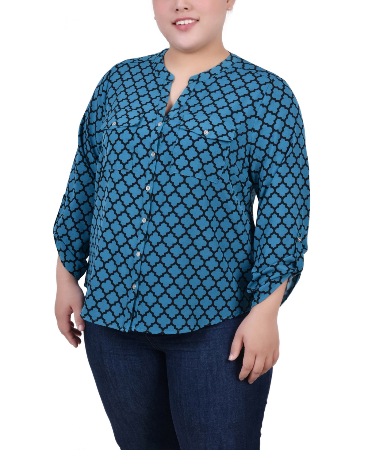 Ny Collection Plus Size 3/4 Sleeve Roll Tab Y Neck Blouse In Parasailing Black Quatrefoil