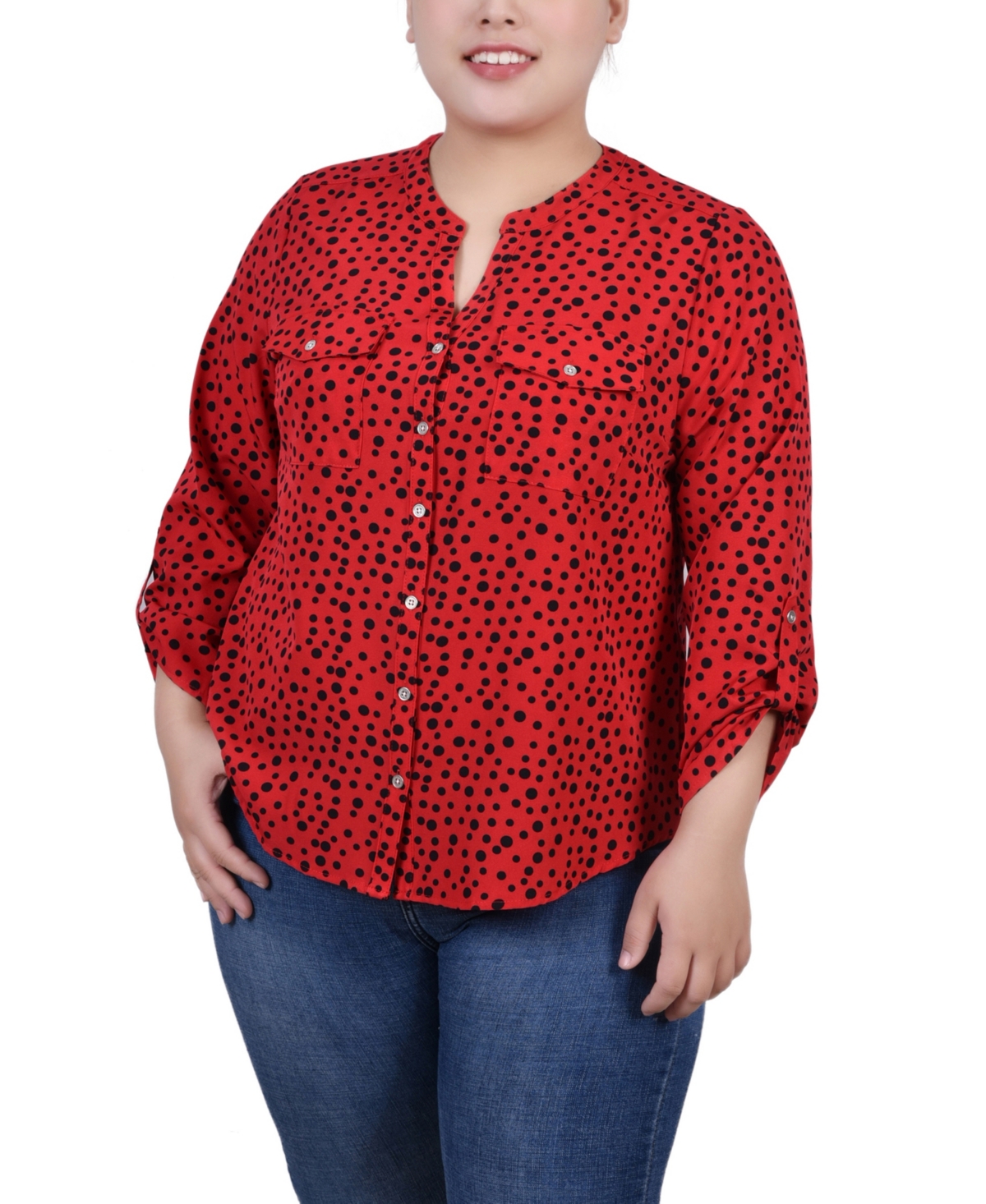 Ny Collection Women's 3/4 Roll Tab Sleeve Mandarin Collar Blouse In Ski Patrol Black Icemoon