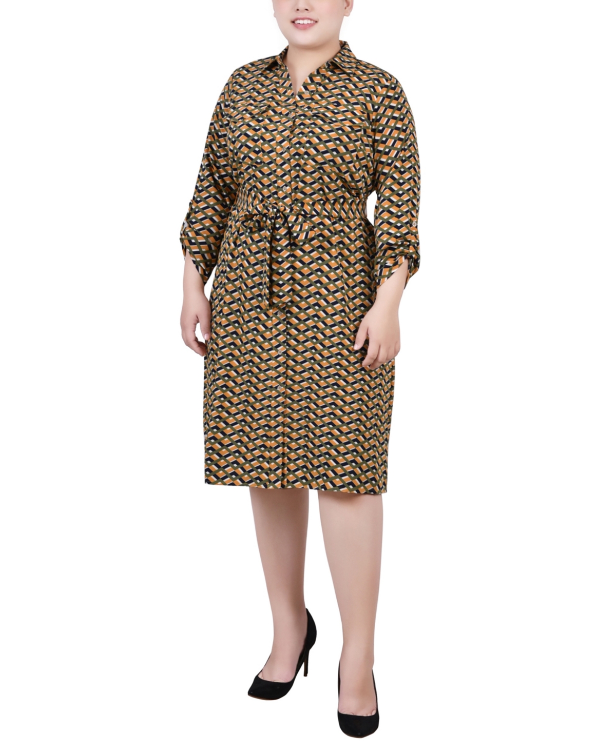 Ny Collection Plus Size Printed Shirt Dress In Cypress Inca Gold-tone Navy Zigzag