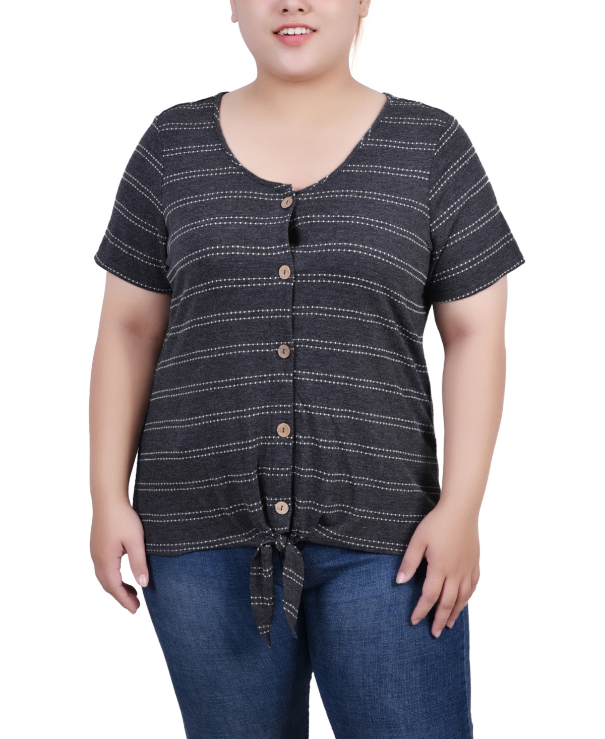 Ny Collection Plus Size Short Sleeve Tie Front Top In Black