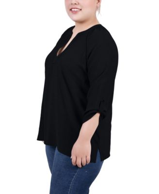 Plus Size Raglan Sleeve Split Neck Blouse 