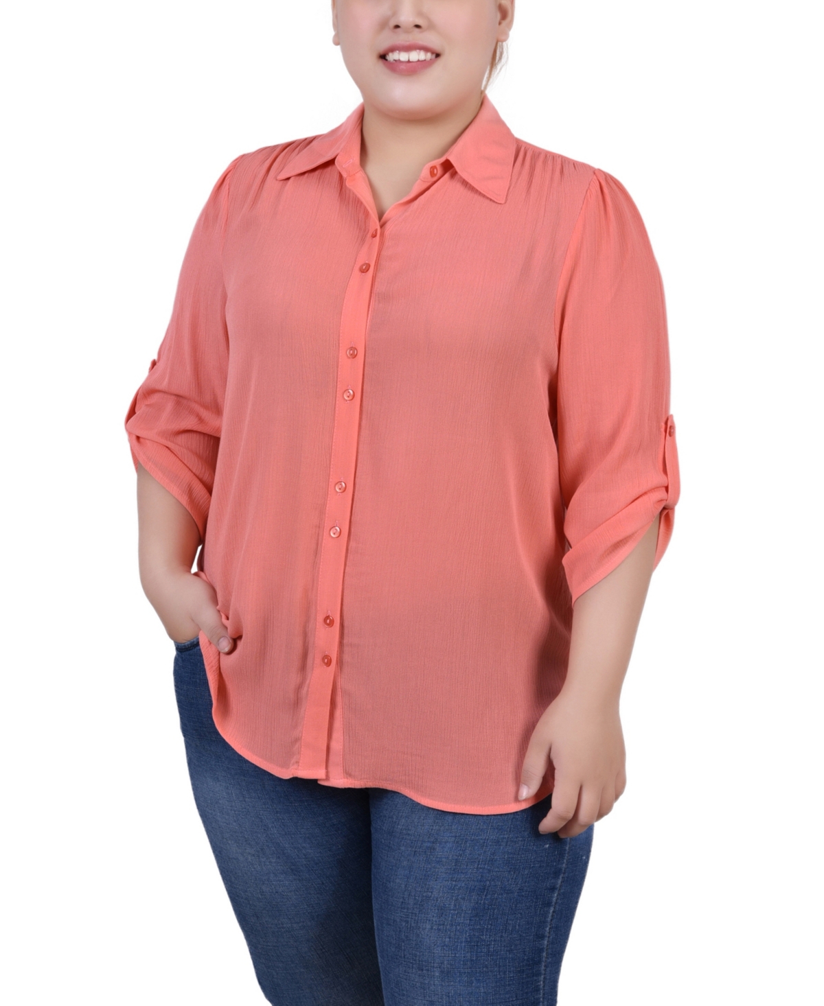 Ny Collection Plus Size 3/4 Sleeve Gauze Blouse In Coral