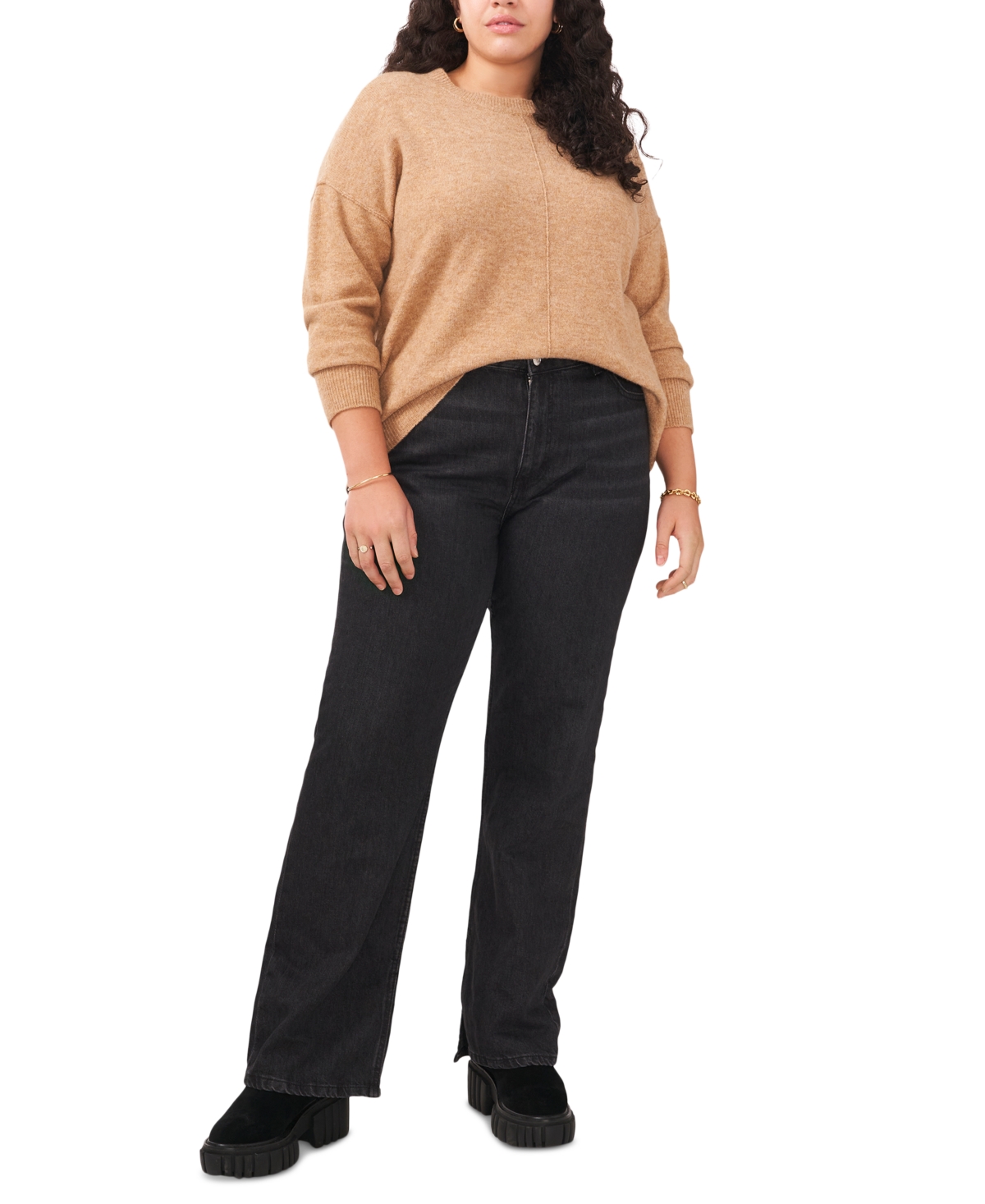 Vince Camuto Plus Size Cozy Long Sleeve Extend Shoulder Sweater In Brown