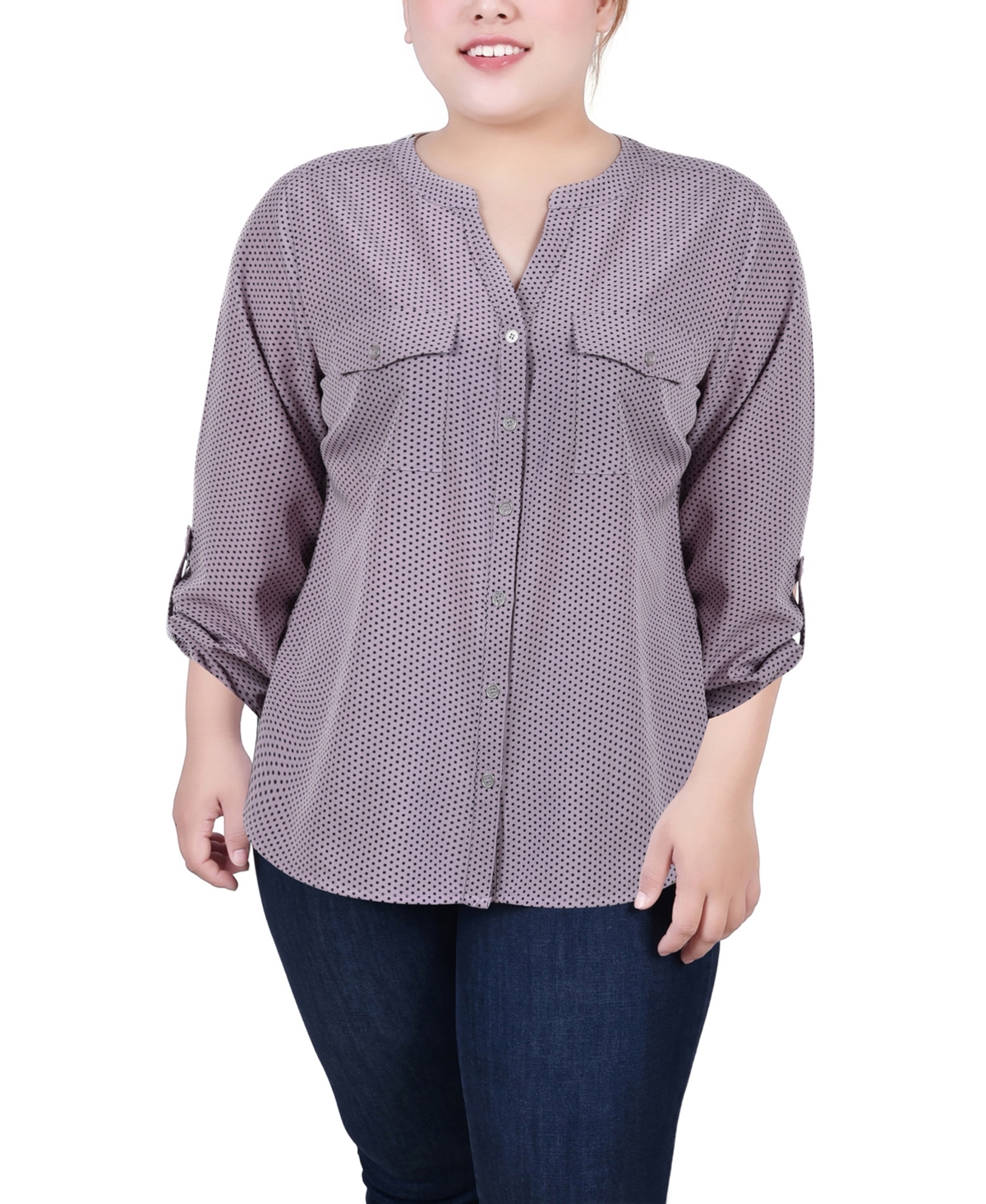 Ny Collection Plus Size 3/4 Sleeve Roll Tab Y Neck Blouse In Sea Fog Black Taranto Dot
