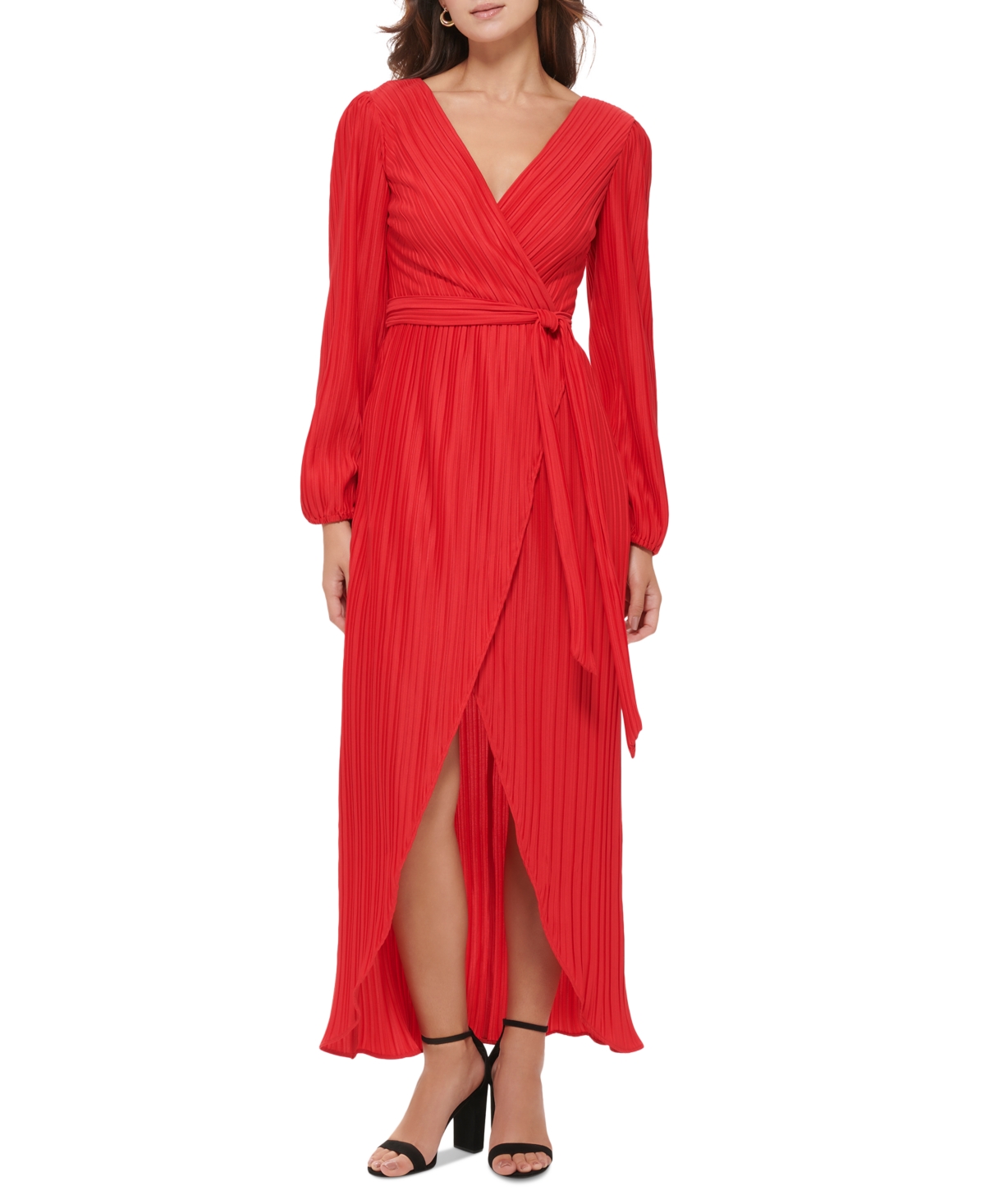 Guess Women's Pleated Woven Faux-wrap V-neck Maxi Dress In Red