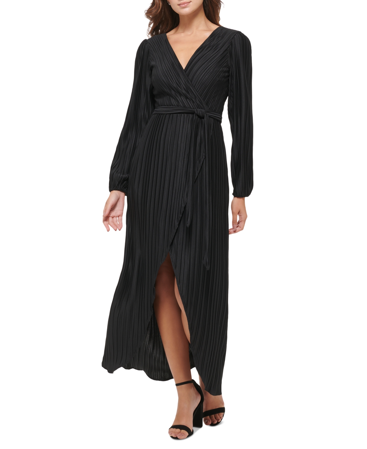 Shop Guess Women's Pleated Woven Faux-wrap V-neck Maxi Dress In Black