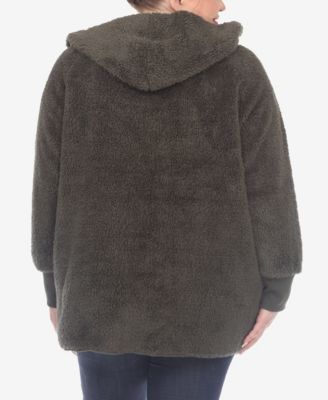 Plus Size Plush Hooded Cardigan Jacket with Pockets