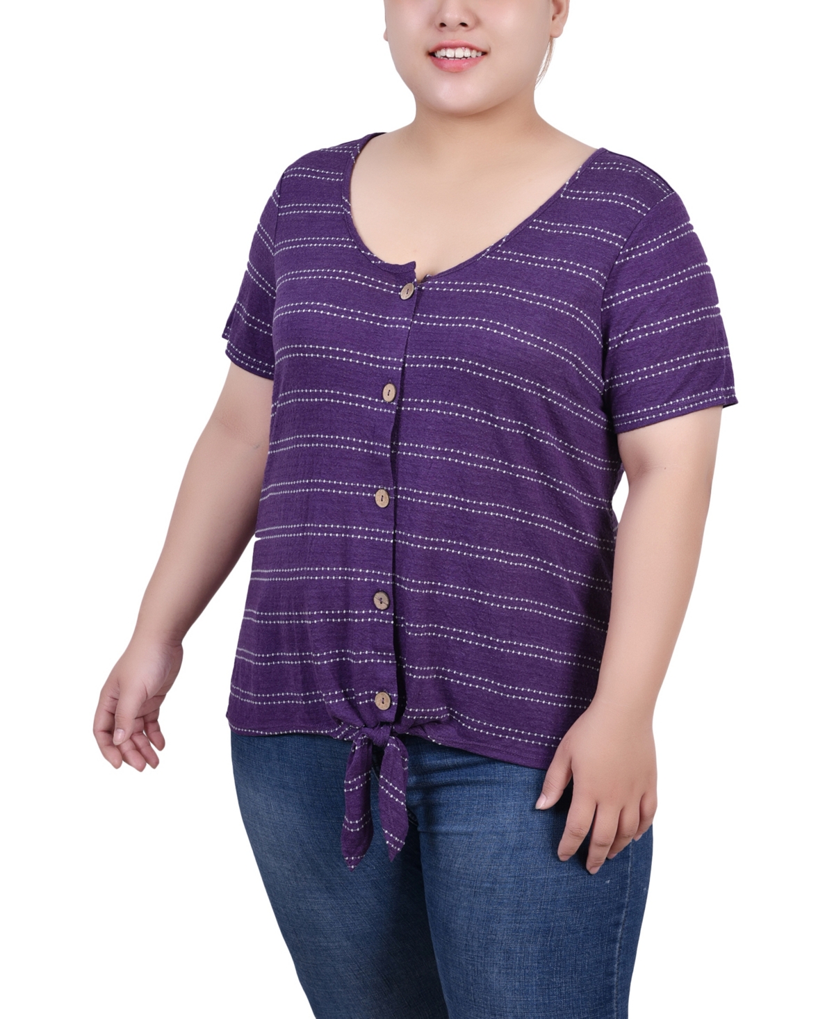 Ny Collection Plus Size Short Sleeve Tie Front Top In Plum