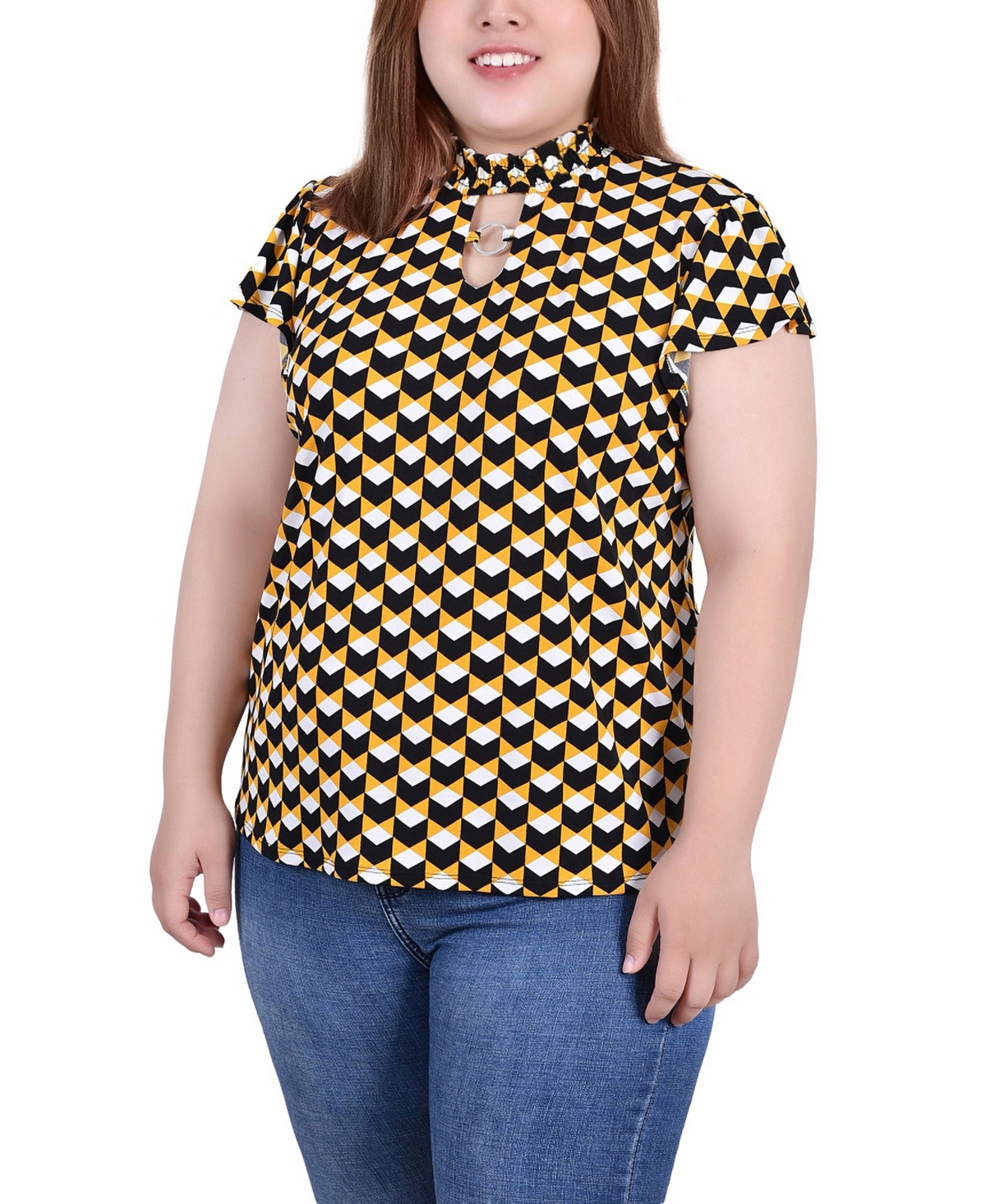 Ny Collection Plus Size Short Flutter Sleeve Mock Neck Top In Golden-tone Black Cube
