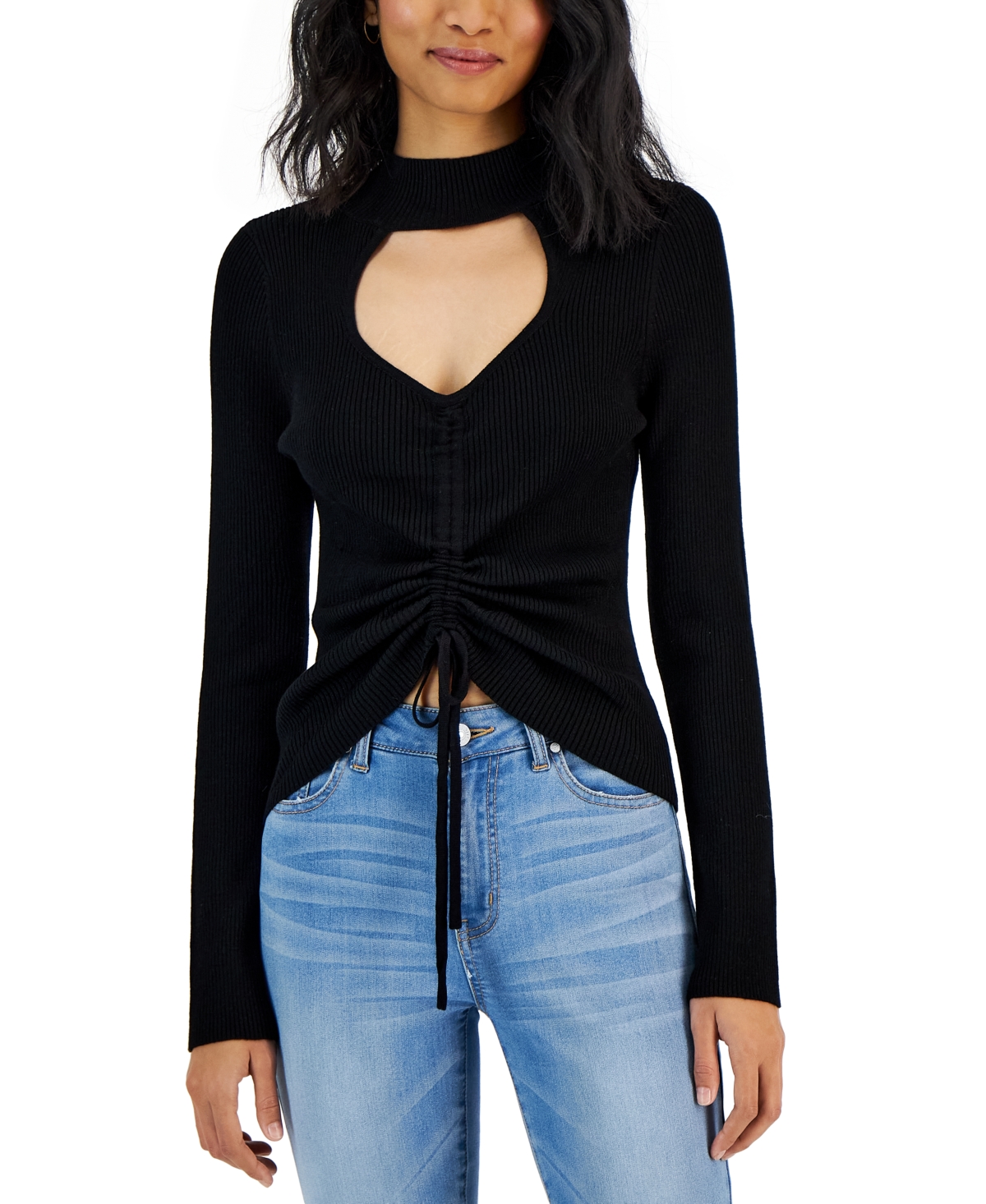 Hooked Up by Iot Juniors' Ribbed Mock-Neck Cutout Ruched Sweater