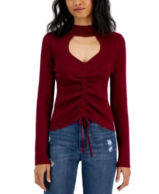 Hooked Up by IOT - Juniors' Ribbed Mock-Neck Cutout Ruched Sweater
