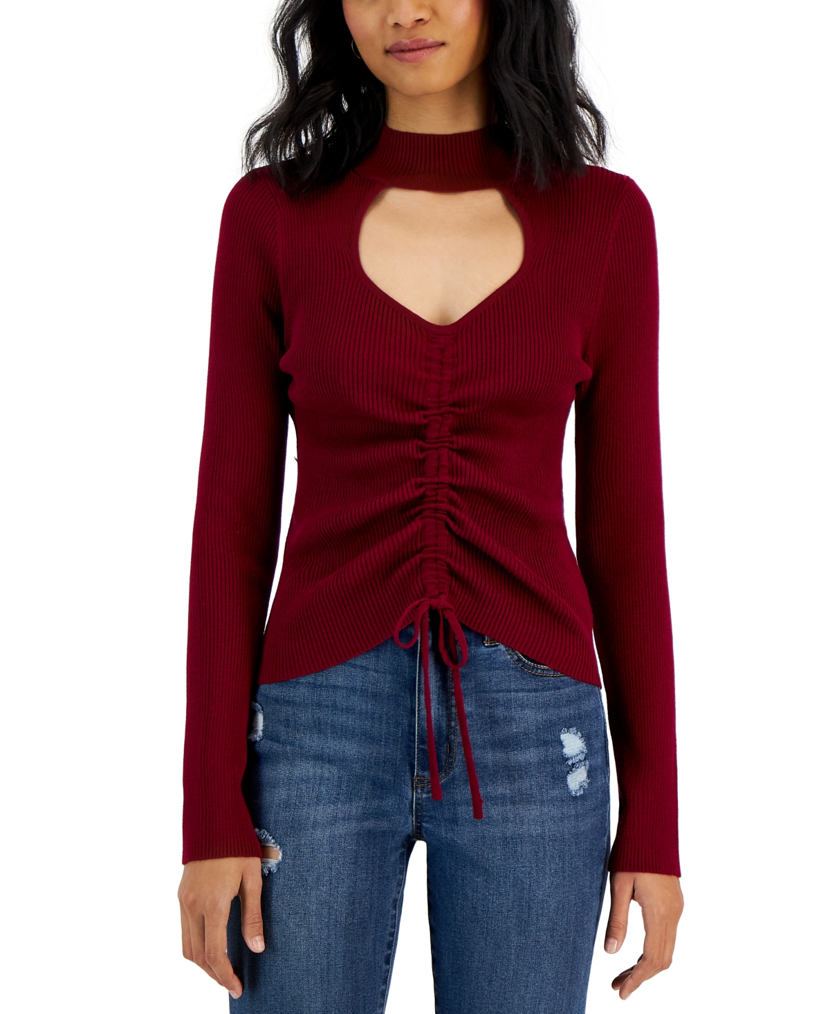 Hooked Up by Iot Juniors' Ribbed Mock-Neck Cutout Ruched Sweater