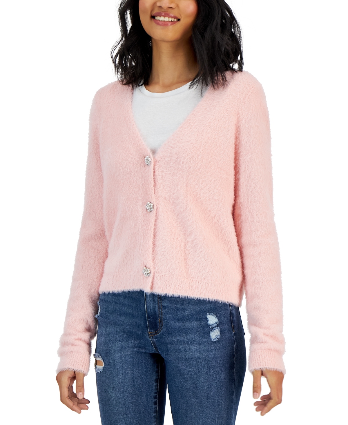 Hooked Up by Iot Juniors Eyelash Faux Pearl Button Front Cardigan