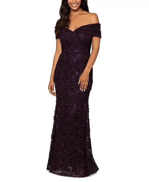 off-the-shoulder lace gown