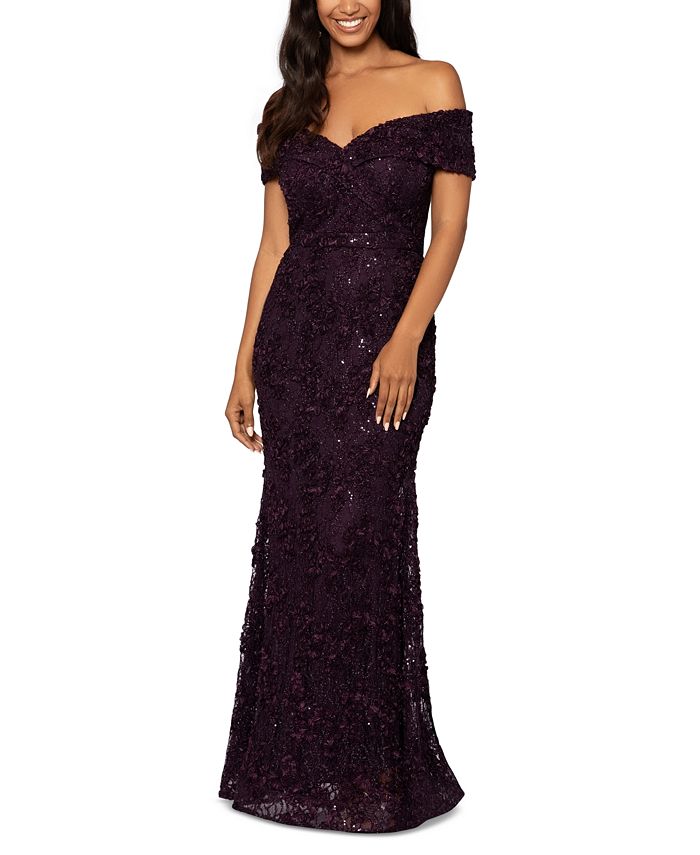 XSCAPE Off-The-Shoulder Lace Gown - Macy's