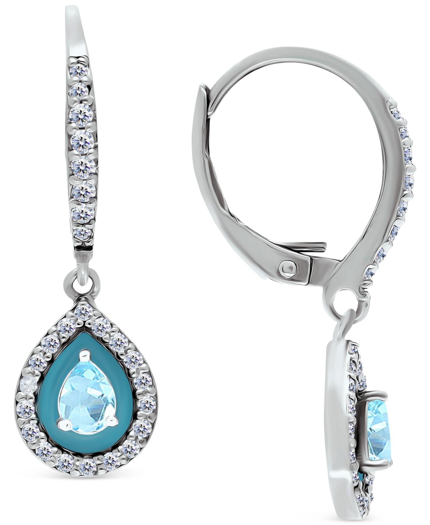Blue Topaz (1/3 ct. t.w.), Cubic Zirconia, & Enamel Pear Dangle Hoop Earrings in Sterling Silver