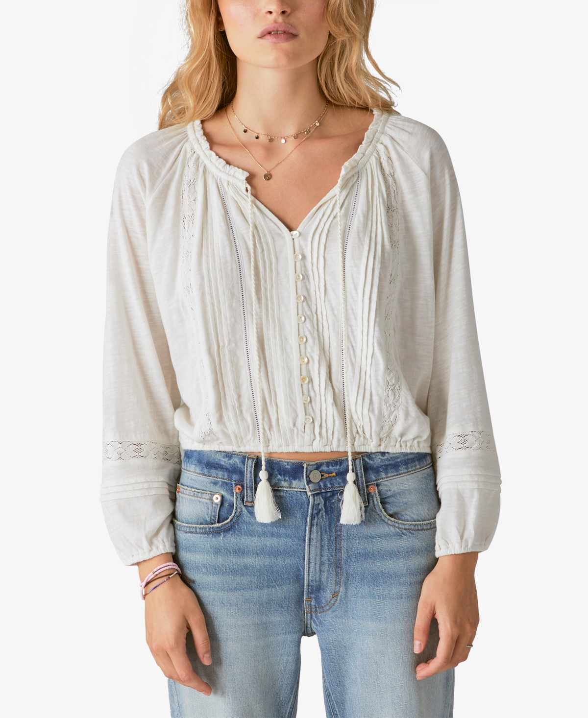 LUCKY BRAND WOMEN'S EMBROIDERED LACE-TRIMMED ELASTIC-HEM PEASANT TOP