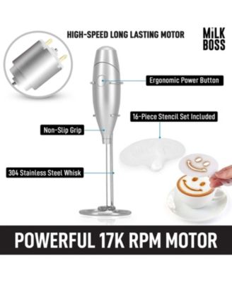 Milk Boss Portable Milk Coffee Frother Handheld Whisk Mixer with 16-Piece Stencils