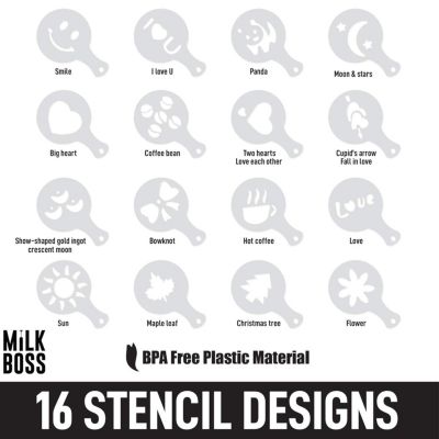 Milk Boss Portable Milk Coffee Frother Handheld Whisk Mixer with 16-Piece Stencils