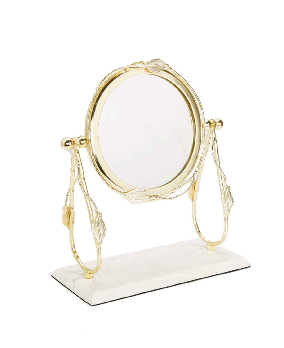 Table Mirror with Leaf Design Border and Marble Base, 5" x 14" - Gold-Tone