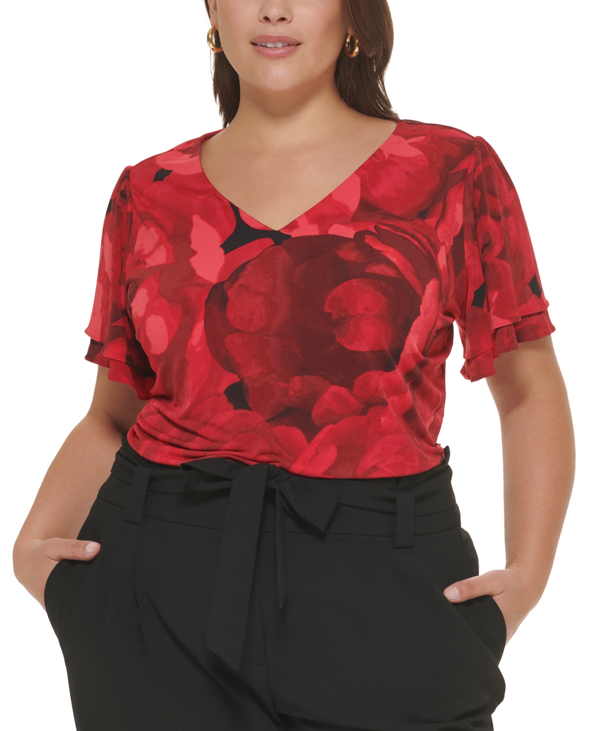 Calvin Klein Plus Size Floral-Print Flutter-Sleeve Top