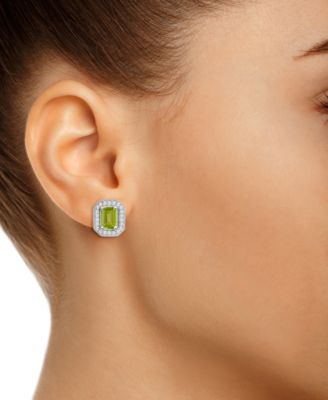 Peridot (1-2/5 ct. t.w.) and Diamond (1/5 ct. t.w.) Halo Studs in Sterling Silver