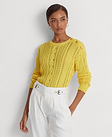 Women's Aran-Knit Cotton Long Sleeve Sweater