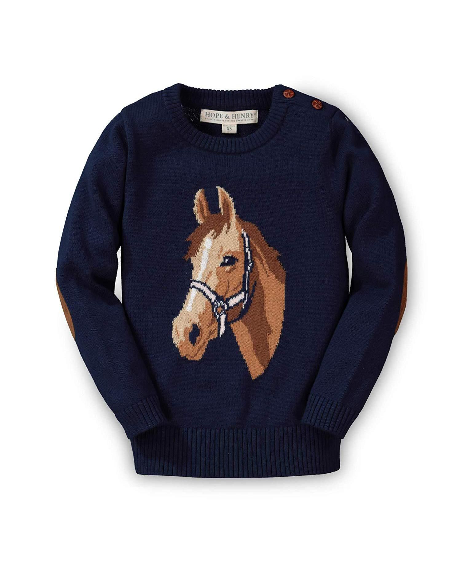 Baby Girls Hope and Henry Long Sleeve Intarsia Horse Sweater with Elbow Patches