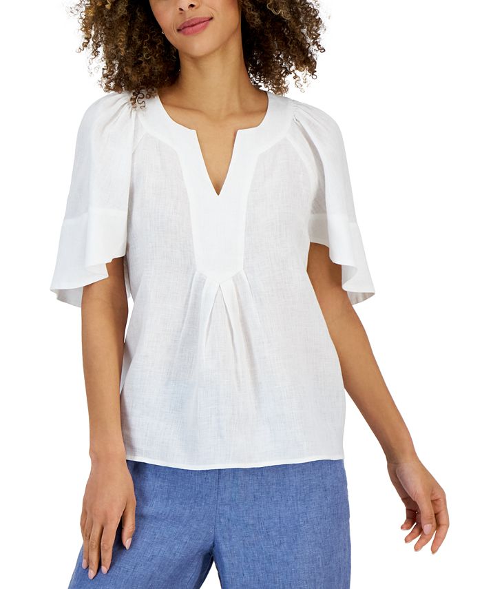 Charter Club Women's Linen Split-Neck Flutter-Sleeve Top, Created for Macy's  - Macy's
