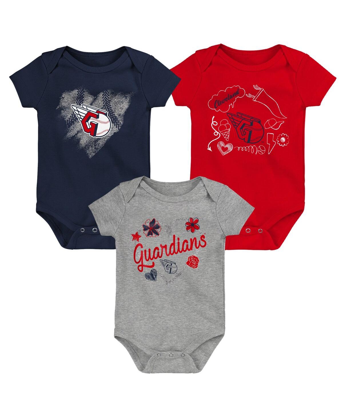 Shop Outerstuff Infant Boys And Girls Navy, Red, Gray Cleveland Guardians Batter Up 3-pack Bodysuit Set In Navy,red,gray