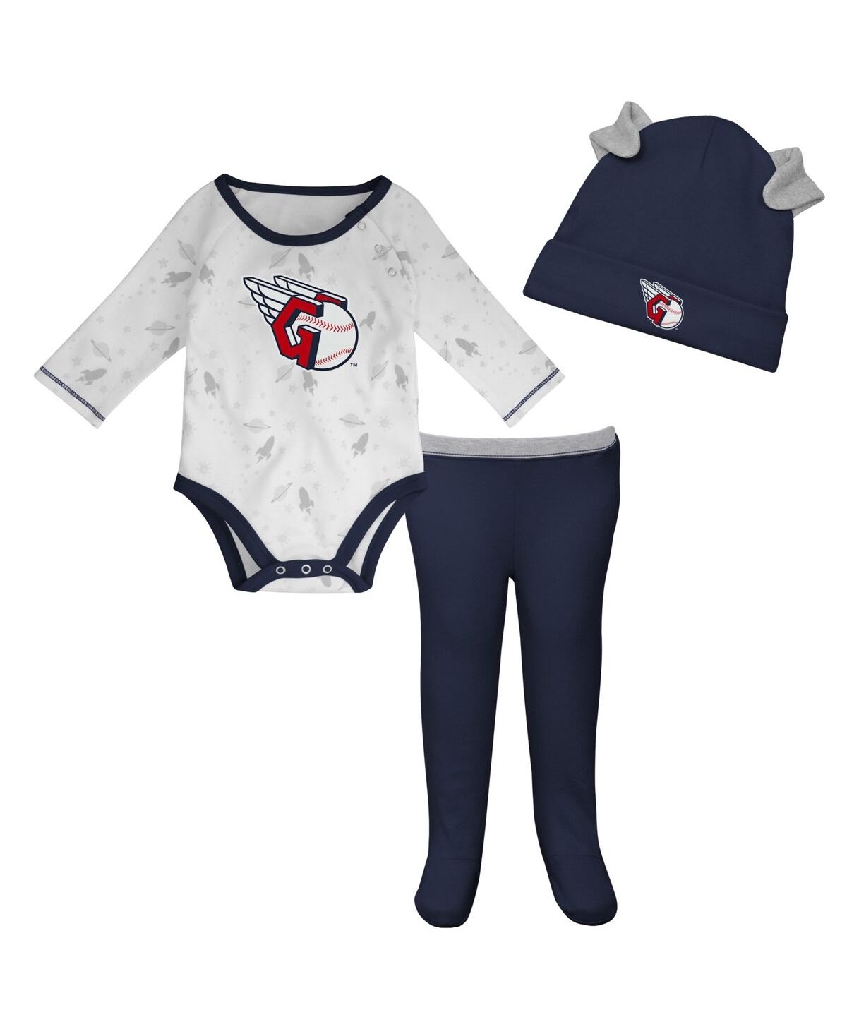 Outerstuff Babies' Newborn And Infant Boys And Girls Navy, White Cleveland Guardians Dream Team Bodysuit Hat And Footed