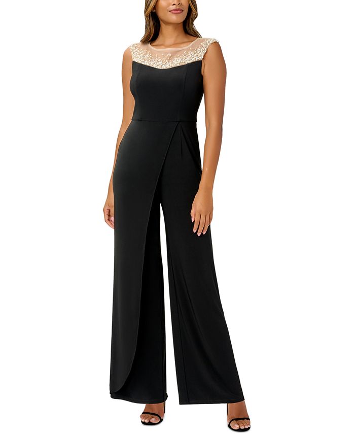 Adrianna Papell Petite Embellished-Neckline Jersey Jumpsuit - Macy's
