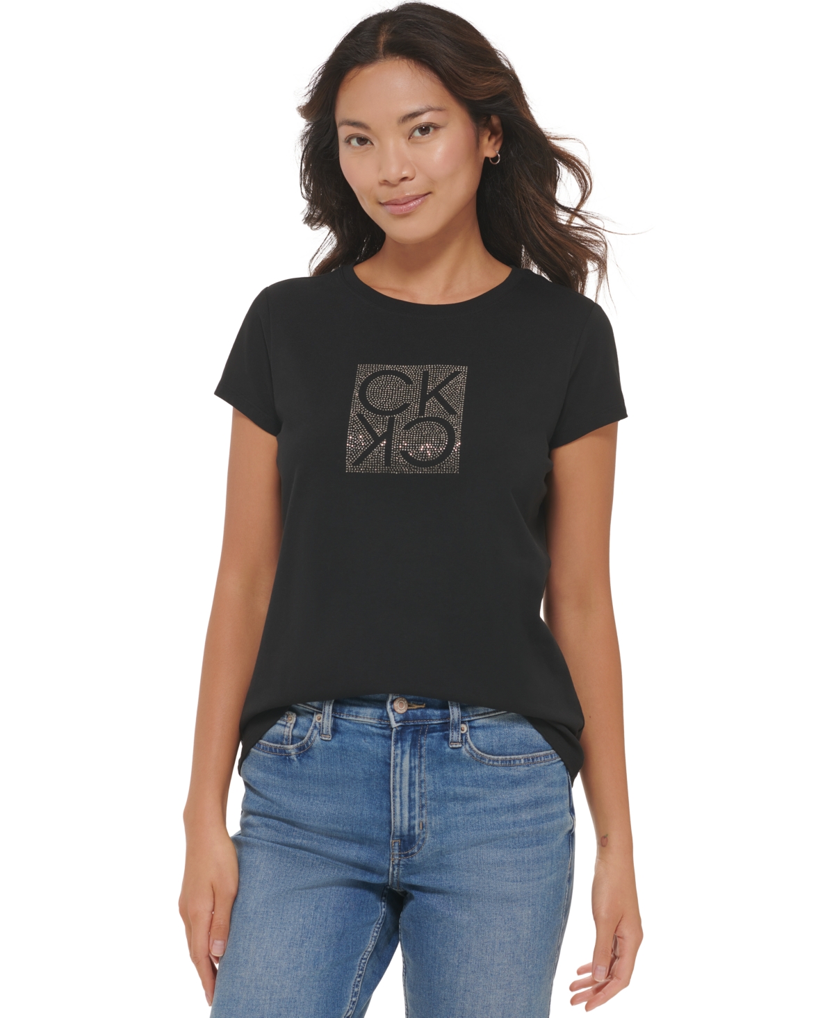 Calvin Klein Women's Short Sleeve Rhinestone Logo T-Shirt