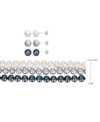 7-Pc. Set White, Black, & Gray Cultured Freshwater Pearl (7-1/2 - 8mm) Necklace, Bracelets, & Stud Earrings