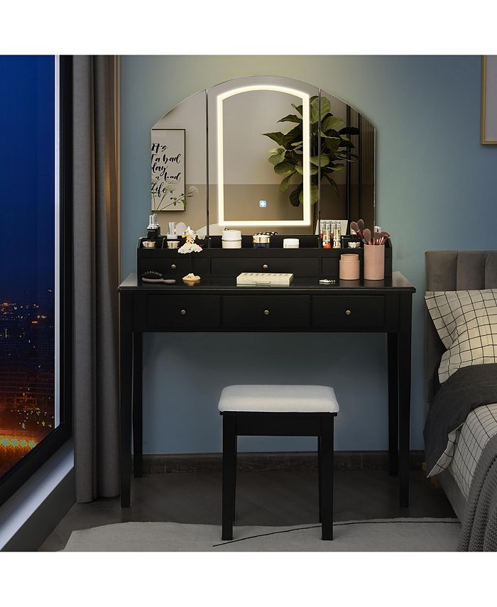 Costway Vanity Table Stool Set Large Trifolding Lighted Mirror Macy's