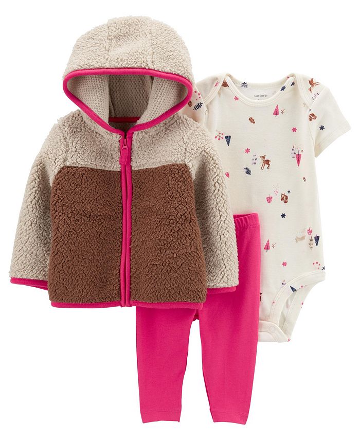 Carter's Baby Girls Sherpa Little Jacket, Bodysuit and Pants, 3 Piece Set Macy's